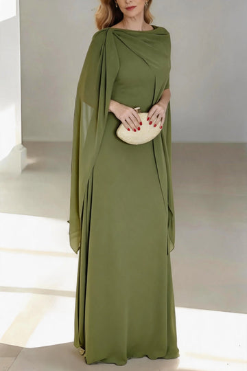Vedress olive chiffon floor length mother of the bride dress cowl neck cape sleeve flowy gown for garden wedding Ascot race day