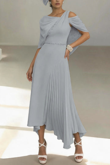 Unique Asymmetrical Midi Cold Shoulder Cape Zip Back High Low Mother Of The Bride Dress