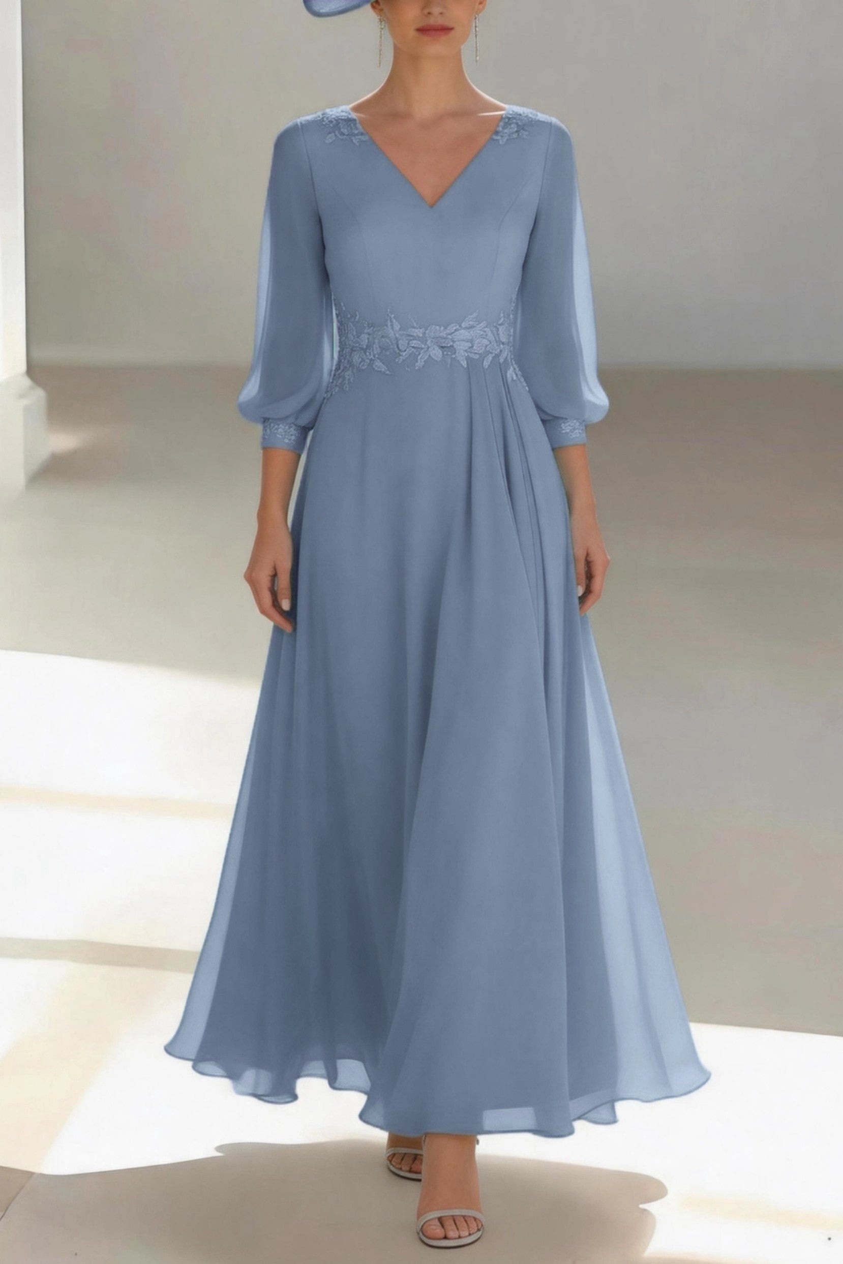 Vedress dusty blue chiffon floor length mother of the bride dress v neck 3/4 tulle sleeve with waist lace applique for garden wedding