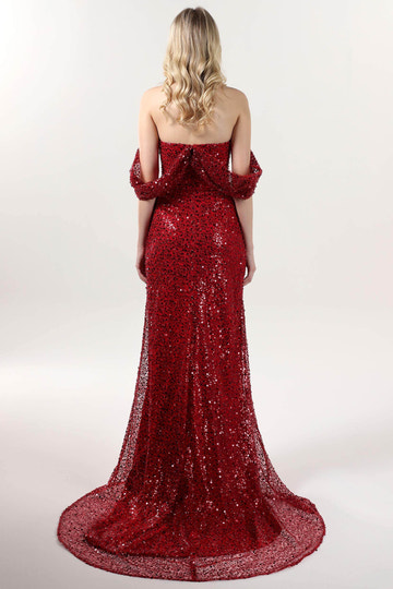 Sheath-Column Sweep-Brush Train Glitter Formal Off-Shoulder Sequin Slit Evening Dress
