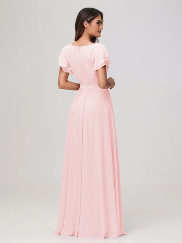 Bateau Neck Flutter Sleeve Chiffon A-Line Bridesmaid Maxi Dress