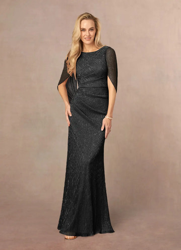 Elegant Cape Sleeve Metallic Textured Pleated Maxi Evening Dress Mother of the Bride Dress
