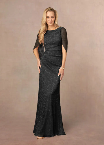 Elegant Cape Sleeve Metallic Textured Pleated Maxi Evening Dress Mother of the Bride Dress