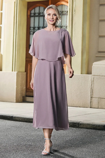 Capelet A-Line Round Neck Chiffon Midi Mother of the Bride Dress with Lace