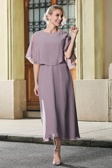 Capelet A-Line Round Neck Chiffon Midi Mother of the Bride Dress with Lace