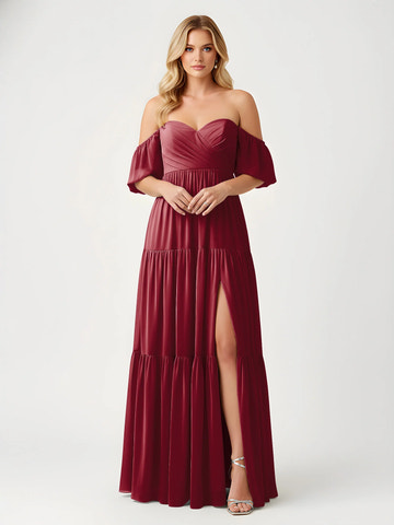 Off-the-Shoulder Sweetheart Tiered Chiffon Bridesmaid Maxi Dress with Slit