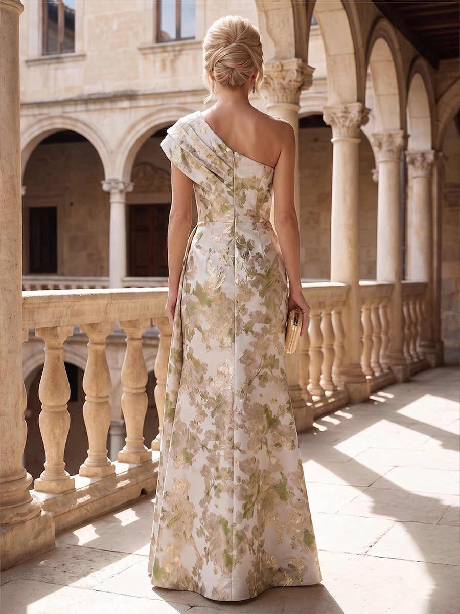 Rear view Vedress one‑shoulder floral mermaid mother‑of‑the‑bride dress,centre invisible zip‑back woven jacquard evening gown
