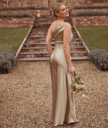 Elegant One-Shoulder Satin Formal Gown for Wedding Guest Cowl Asymmetrical Satin Bridesmaid Dress Bridesmaid Dresses Maxi Dress