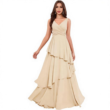 Tiered Chiffon Bridesmaid Dress with V-Neck & Lace-Up Back - Elegant Formal Gown for Weddings & Events