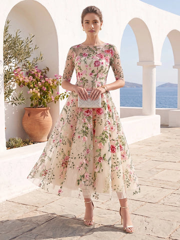 vedress champagne plus size mother dress sheer bateau neck elbow sleeve floral embroidery tulle a-line midi gown