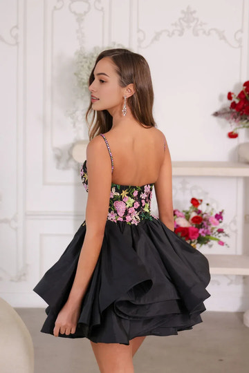 Charming A-Line Sweetheart Sleeveless Satin Mini Floral-Embroidered Tiered Homecoming Dress