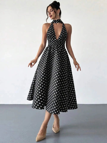 vedress black white polka dot plus size prom dress halter deep v sleeveless a line midi gown
