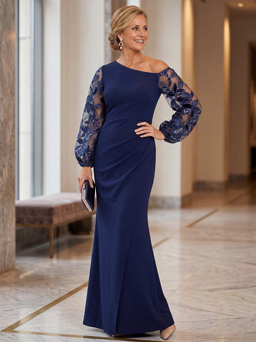 Vedress Navy Mermaid One‑Shoulder Sheer Floral Lace Long Sleeve Mother Of The Bride Dress Front View