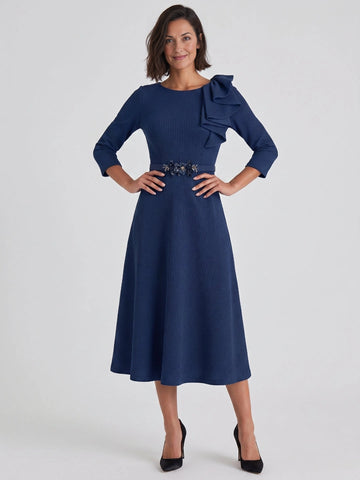 Vedress navy textured midi mother of the bride dress round neck shoulder bow floral waist belt formal gown