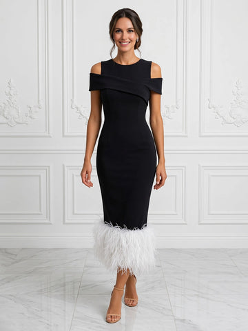 vedress black plus size wedding guest dress round neck cold shoulder cross strap sheath midi gown with white feather hem