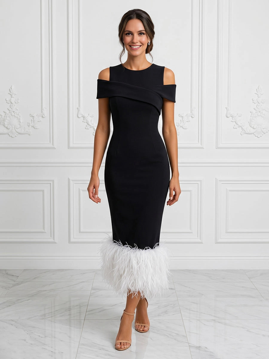vedress black plus size wedding guest dress round neck cold shoulder cross strap sheath midi gown with white feather hem