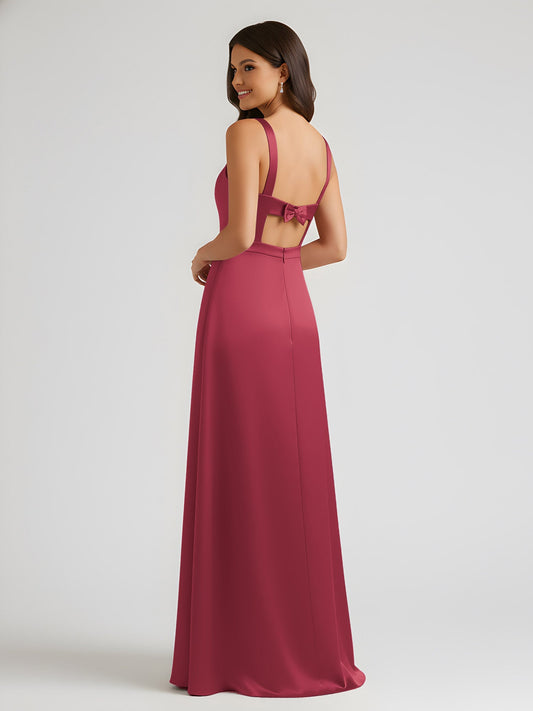 Prom Dresses Satin Formal Maxi Dress One-Shoulder Square Neck Bow Detail Gown for Wedding Guest and Special Occasions