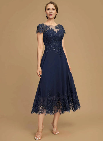 Vedress Navy Illusion Neck Cap‑Sleeve Lace Chiffon Midi Mother Dress Front View
