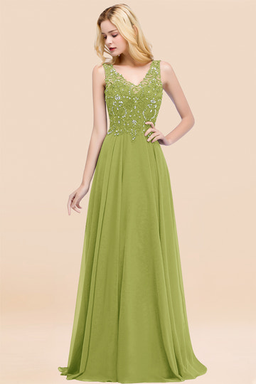 A-line V Neck Sleeveless Chiffon Applique Lace Floor Length Bridesmaid Dresses