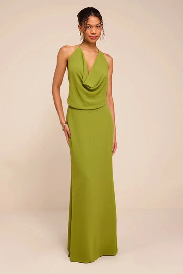 Vedress olive matte chiffon halter cowl neck column tie back maxi bridesmaid gown front view