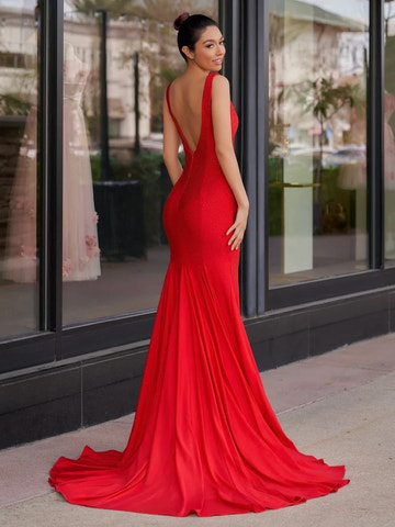 Deep V-Neck Beaded Mermaid Maxi Dress with Open Back & Sweeping Train