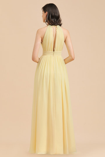 Simple Long Halter Neck A Line Sleeveless Chiffon With Ruched Bridesmaid Dress with Slit