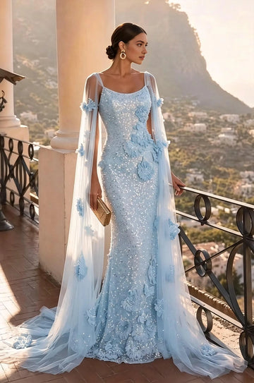 Refined Sheath Scoop Neck Cape Sleeve Open Back Floor Length Evening Dress