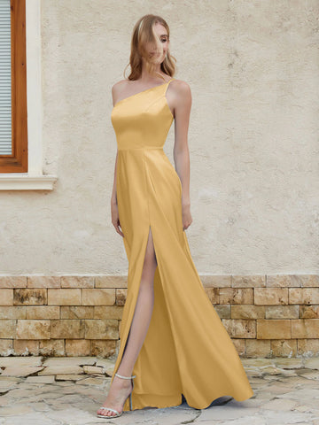 One Shoulder Double Strap High Slit Pocket Satin A-Line Floor Length Bridesmaid Evening Maxi Dress