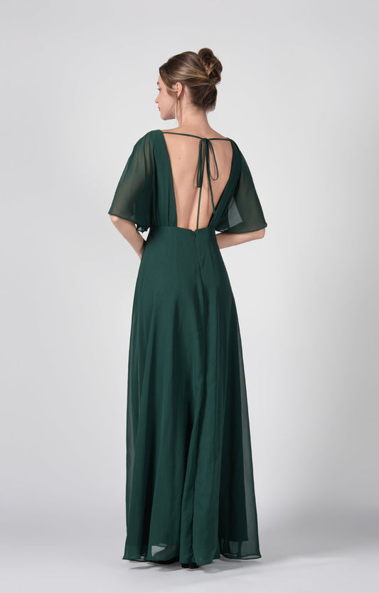 Women's Elegant Chiffon V-Neck Bridesmaid Dress Flutter Sleeves with Front Slit Formal Evening Gown