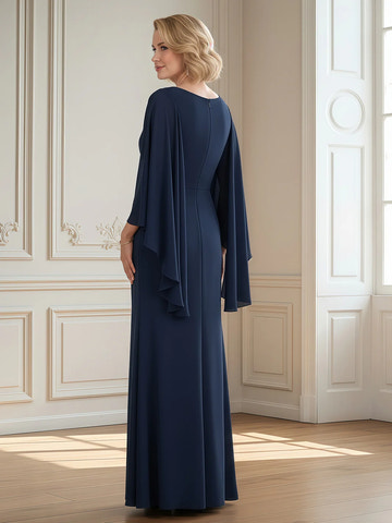 Chiffon Cape Sleeve Mother of the Bride Dress V Neck Beaded Slit Formal Evening Gown