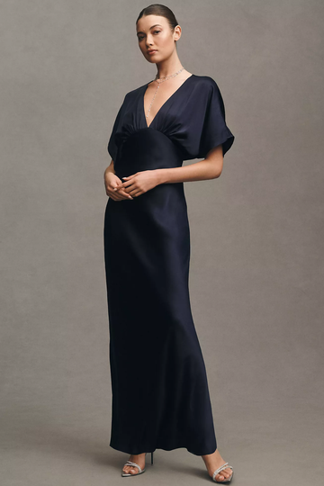 Women's Elegant V-Neck Satin Charmeuse Maxi Dress Short Sleeves Party Wedding Guest Bridesmaid Dresses