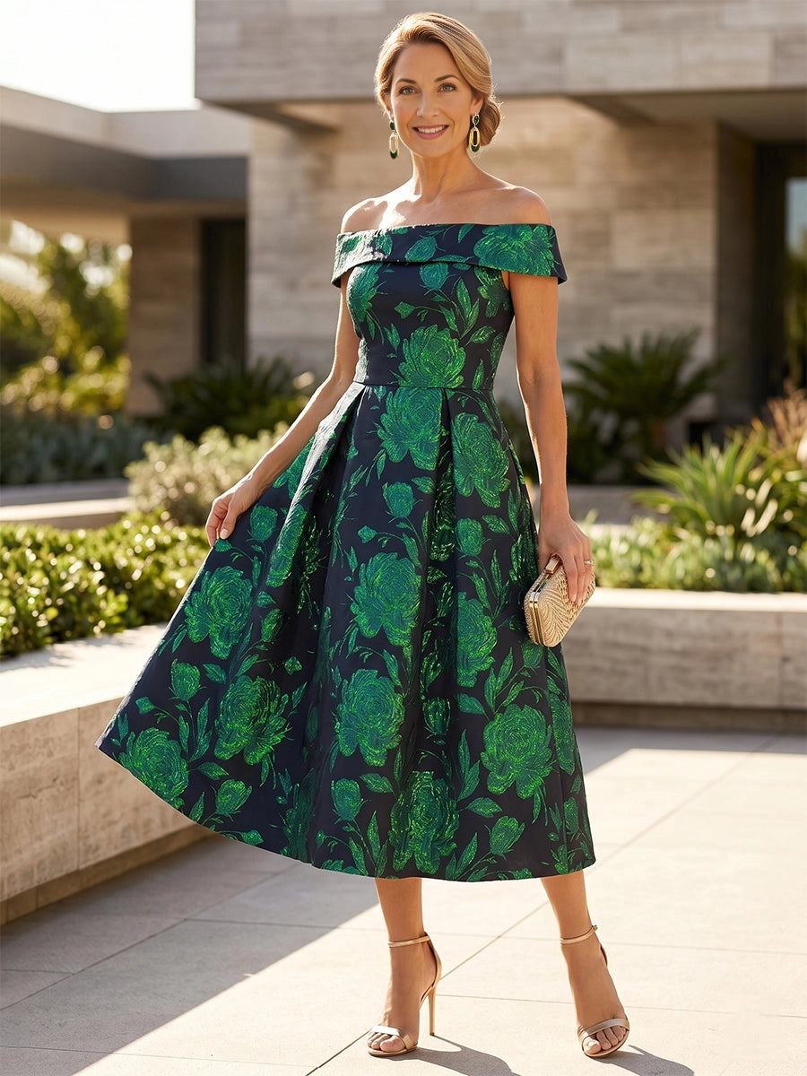 Vedress dark green mother of the bride dress,front view off‑the‑shoulder design,metallic floral jacquard,A‑line midi skirt,outdoor modern building background