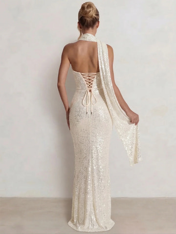 Dazzling Sheath/Column Halter Sequin Maxi Draped Evening Dress
