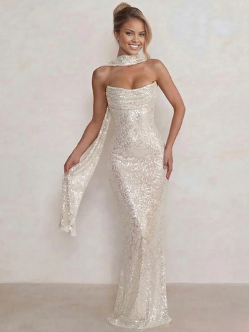 Dazzling Sheath/Column Halter Sequin Maxi Draped Evening Dress