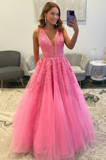 Deep V Neck Sleeveless 3D Floral Lace Appliqué Sheer Waist Tulle A-Line Floor Length Prom Evening Gown