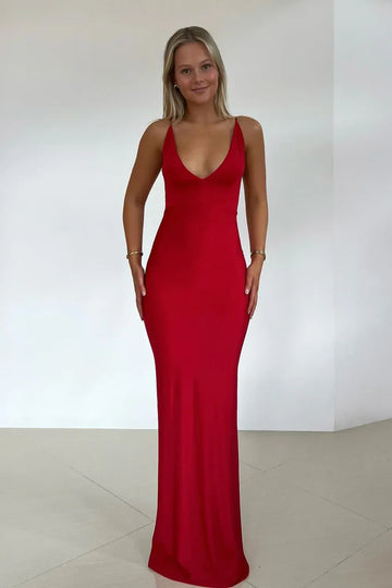 Deep V Neck Thin Spaghetti Strap Backless Satin Mermaid Floor Length Prom Evening Gown