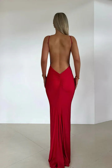 Deep V Neck Thin Spaghetti Strap Backless Satin Mermaid Floor Length Prom Evening Gown