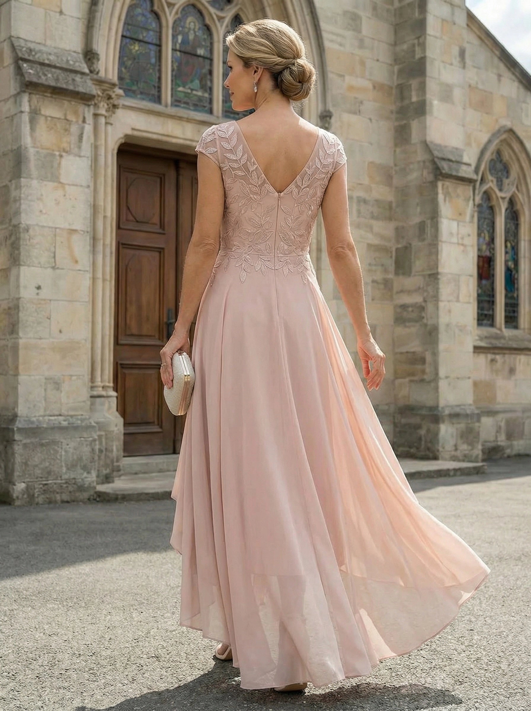 Back view Vedress pink high‑low formal gown deep v‑back lace embroidered mother bride outfit