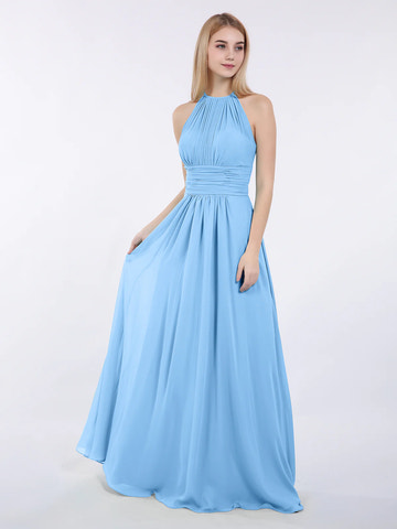 High Neck Halter Pleated Ruched Chiffon Bridesmaid Maxi Dress with Open Back & Pockets