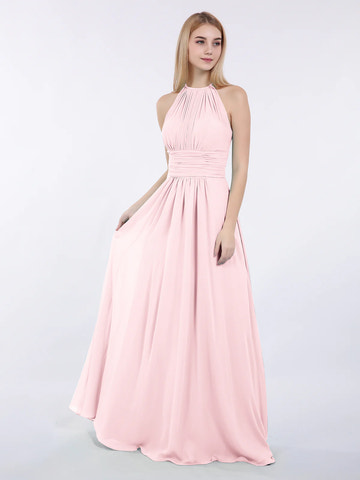 High Neck Halter Pleated Ruched Chiffon Bridesmaid Maxi Dress with Open Back & Pockets