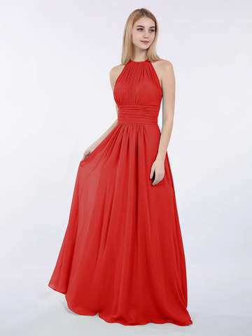 High Neck Halter Pleated Ruched Chiffon Bridesmaid Maxi Dress with Open Back & Pockets