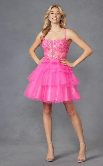 Dramatic A-Line Sweetheart Spaghetti-Strap Tulle Short Tiered Homecoming Dress