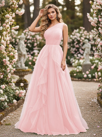 Dreamy A-Line One-Shoulder Sleeveless Tulle Formal Evening Dress with Cascading Ruffles