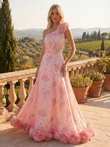 Vedress pink floral one‑shoulder floor‑length a‑line wedding gown with 3D rose decor