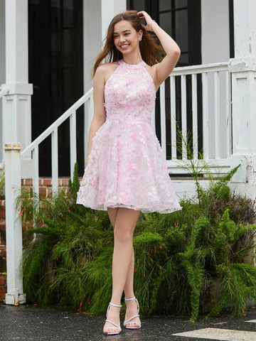 Dreamy A-line Halter Sleeveless 3D-Floral Tulle Mini Backless Homecoming Dress