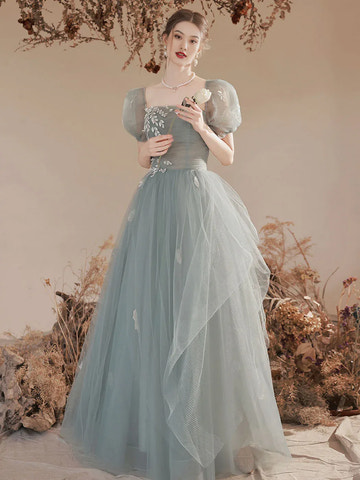 Dreamy ALine SquareNeck Tulle Maxi Prom Dress Embroidered Evening Dress