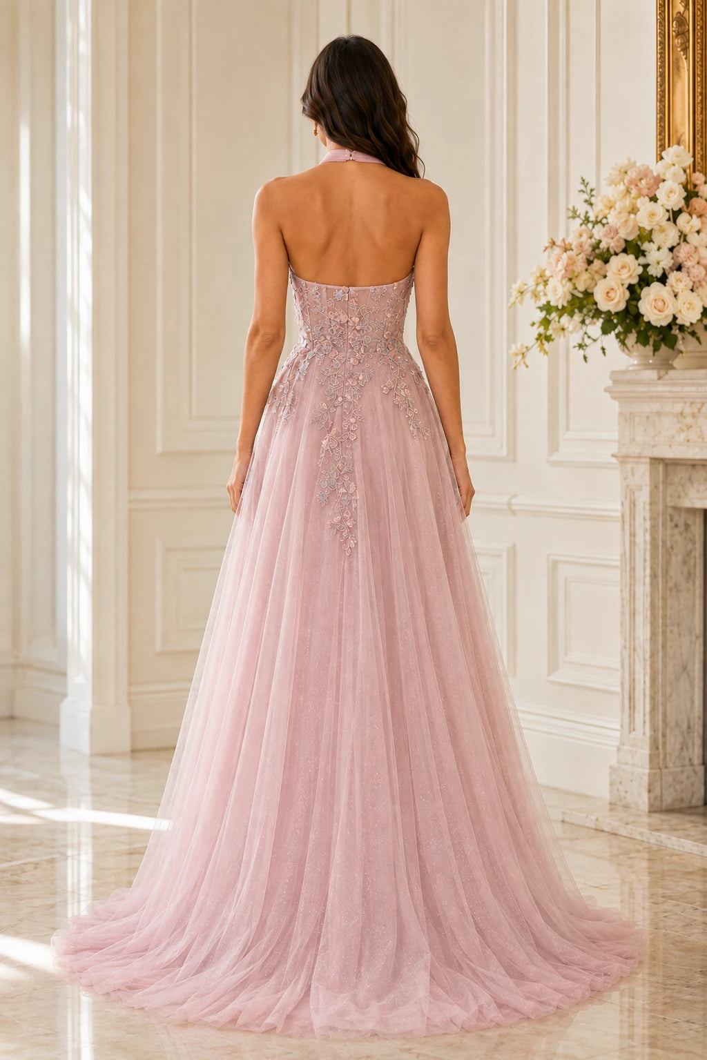 Back view of Vedress blush pink embroidered prom dress with halter straps open back fitted waist and flowing A-line skirt