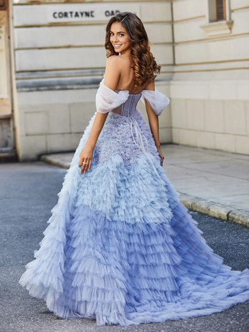 Dreamy A-Line Off-the-Shoulder Short Sleeve Ruffle Tiered Tulle Ball Gown Prom Dress
