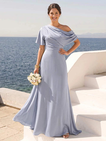 Vedress dusty blue one shoulder mermaid mother of the bride dress front back view