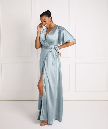Elegant V-Neck Wrap Dress with Cape Sleeves High Slit Gown Bridesmaid Dresses Asymmetric Hem